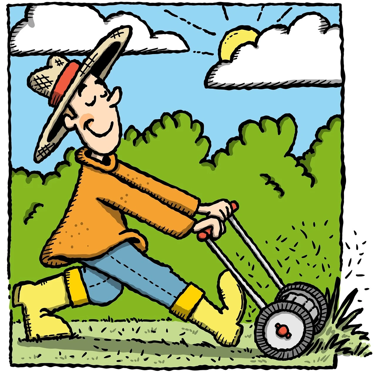 Cartoon, der  einen G&auml;rtner mit Strohhut beim Rasenm&auml;hen zeigt.